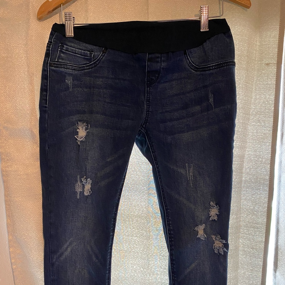 Blue Savy Maternity pants. Frayed patches, never worn. Size Large.